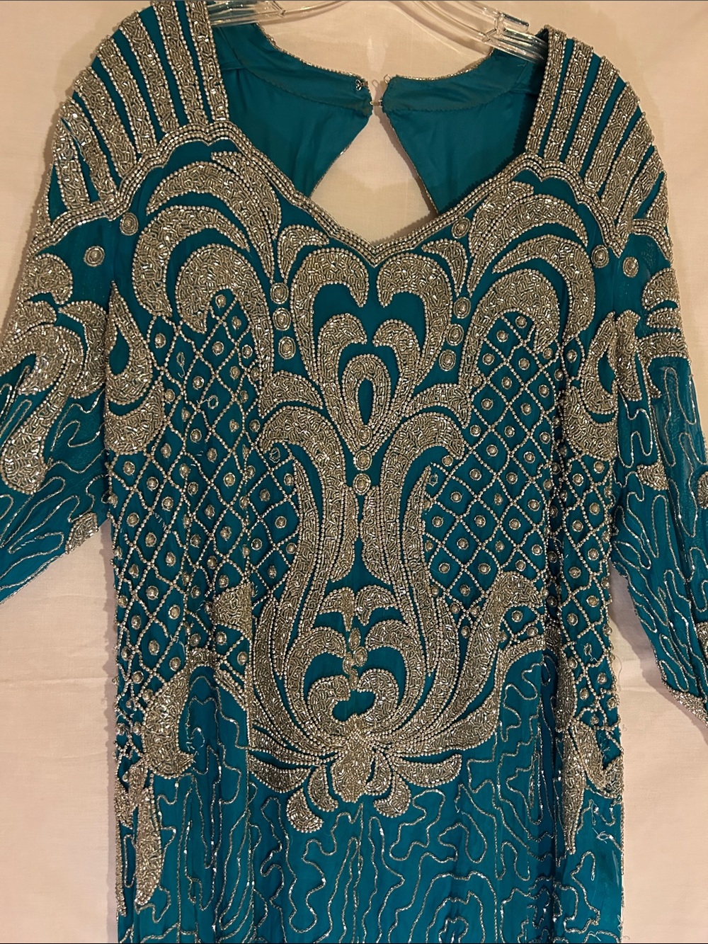 PLUS SIZE Beaded Silk Turquoise Evening Gown with Silver Embellishment